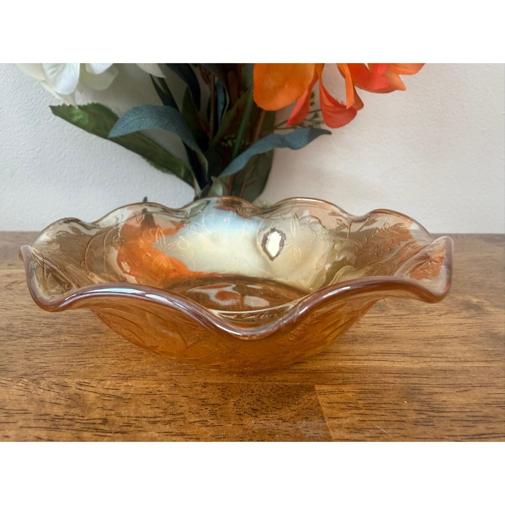 Vintage Jeanette Floragold Marigold Iridescent Pressed‎ Glass Bowl Depression